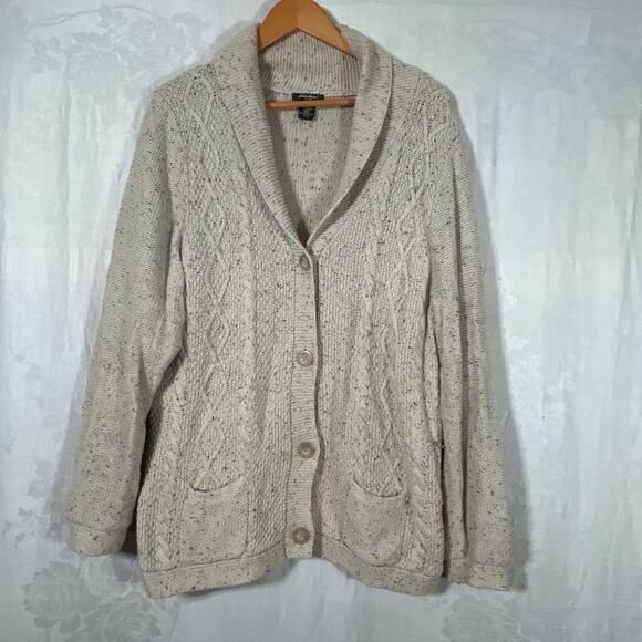 Eddie Bauer Cardigan Sweater XXL Tan Speckled Cable Knit Cotton Angora Blend - Picture 1 of 10